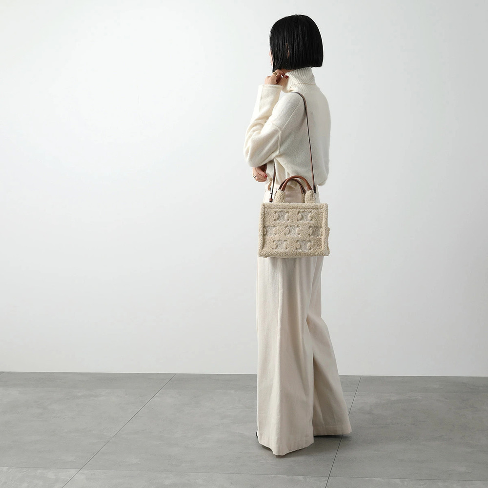 Celine Cabas Thais Shoulder Bag Shearling Handbag Triomphe Embroidery Tan
